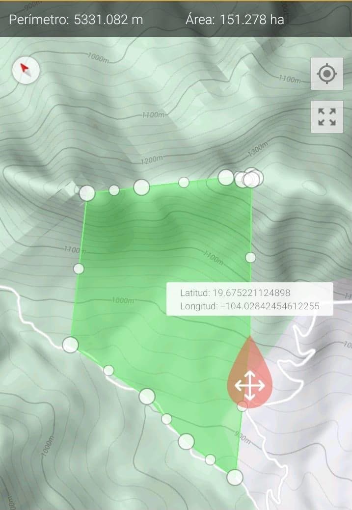 Parcel outline on a topographic map, 151 hectares measured